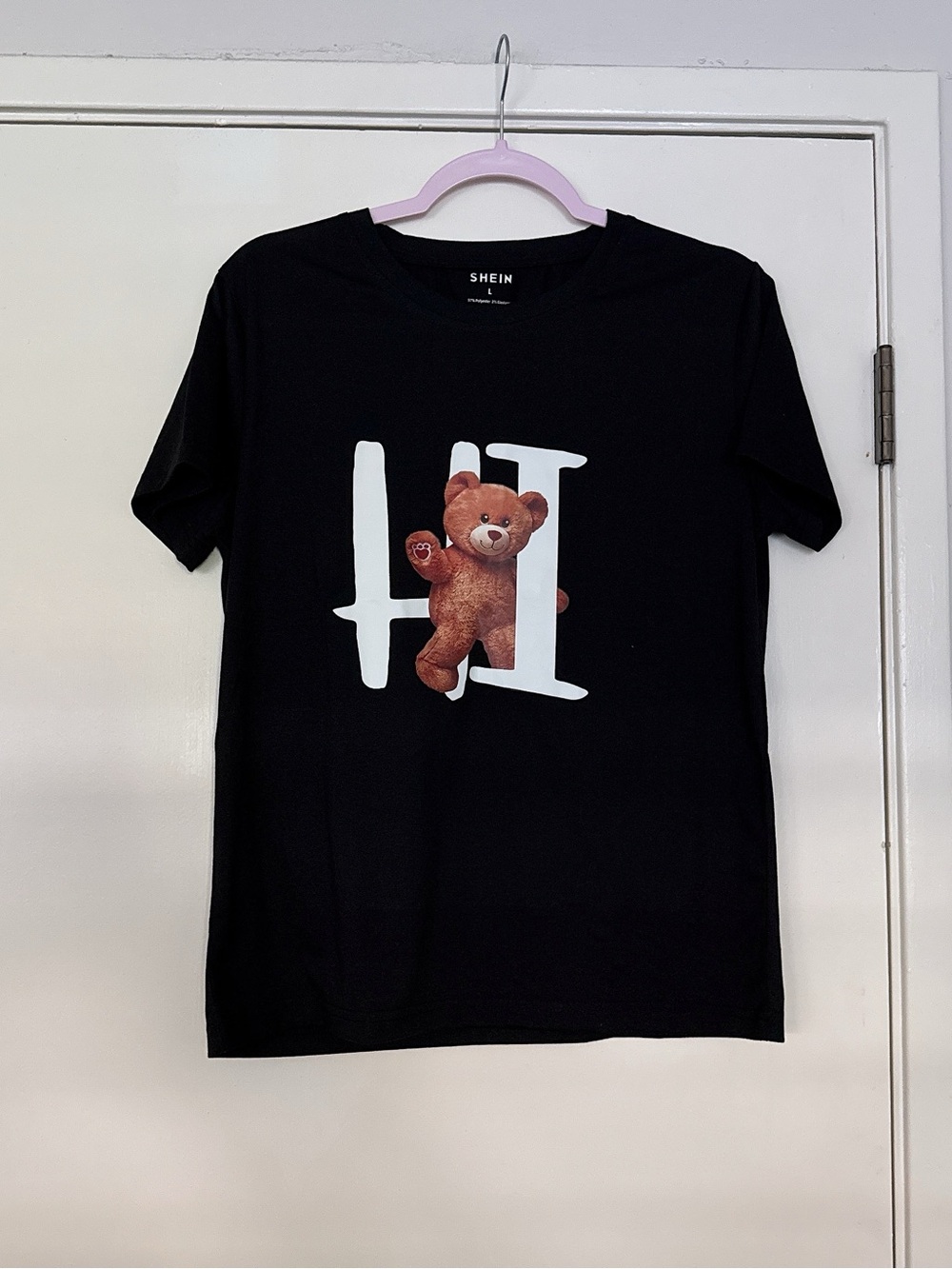 SHEIN Black Tee with Brown Teddy 'HI' Graphic